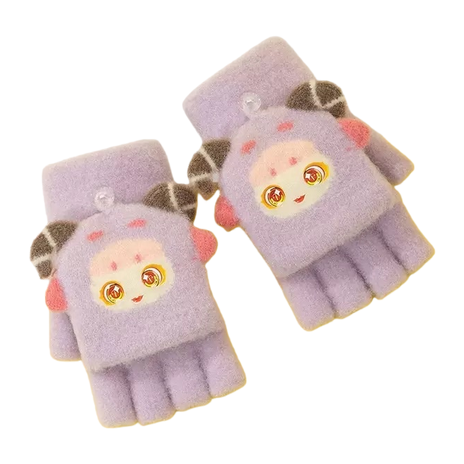 Blue plush cartoon gloves for girls, warm and cute in autumn and winter, thickened cold-proof fingers Item Picture
