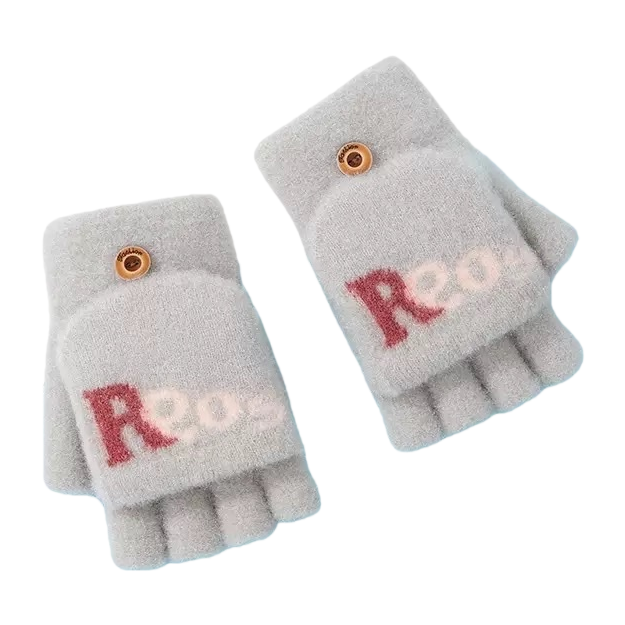 The grey plush fingerless gloves are warm, anti-slip and feature a fingertip touch screen design Item Picture