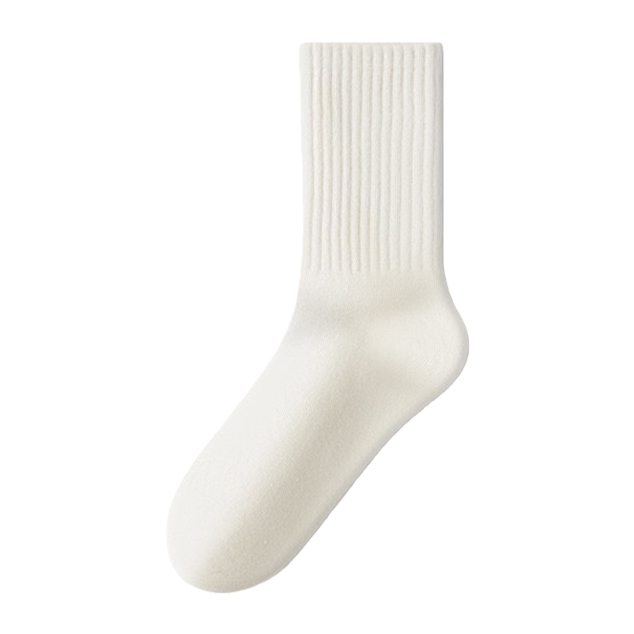 Milky white pure cotton mid-calf socks are a versatile basic style for women. They are comfortable, breathable and won't come off the heel Item Picture