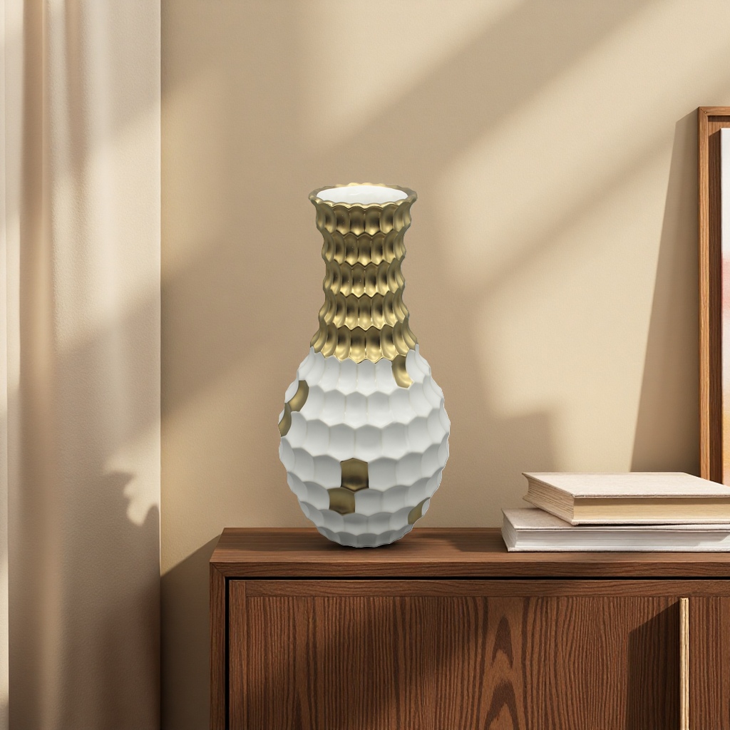 Ceramic electroplated light luxury gold and white honeycomb vase, living room decoration item, Nordic style ceramic vase, vase, ceramic vase