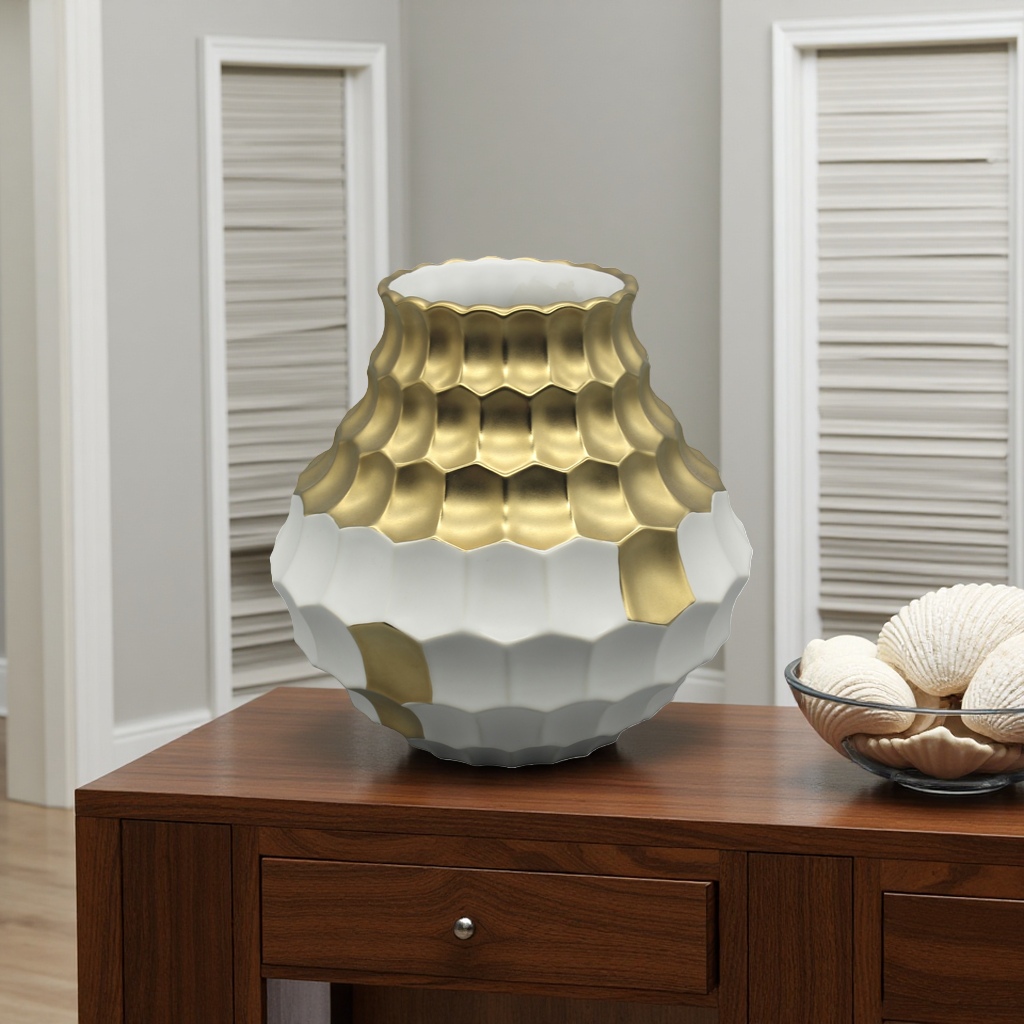 Ceramic electroplated light luxury style gold and white geometric texture vase for living room decoration, Nordic style ceramic vase