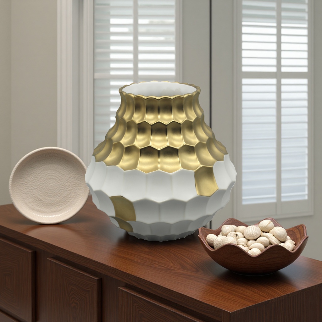 Ceramic electroplated light luxury style gold and white geometric texture vase for living room decoration, Nordic style ceramic vase details Picture