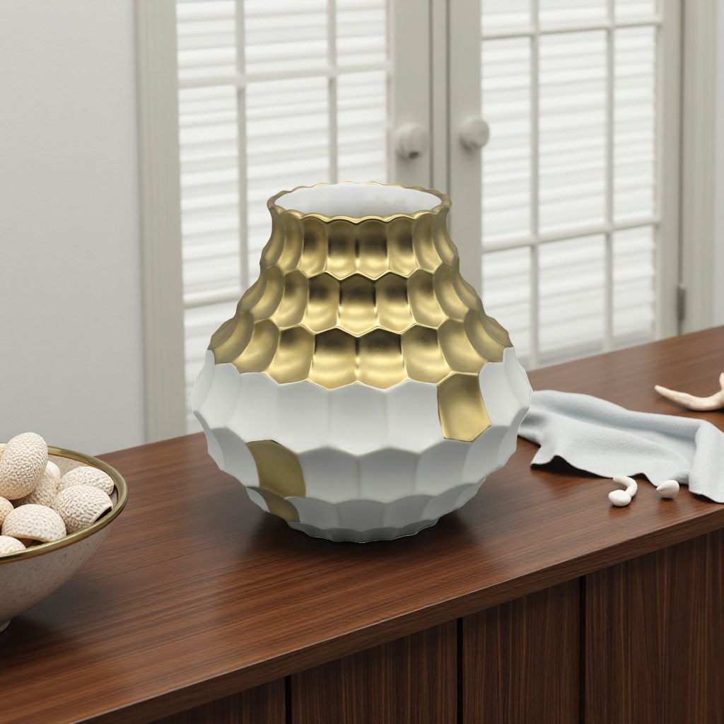 Ceramic electroplated light luxury style gold and white geometric texture vase for living room decoration, Nordic style ceramic vase Specification image