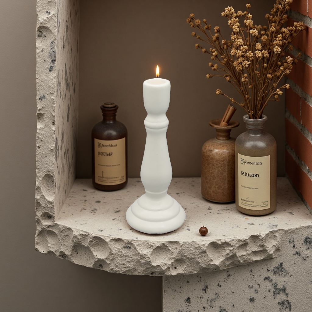 A simple and modern home decoration item with a white candlestick main body and a metallic texture