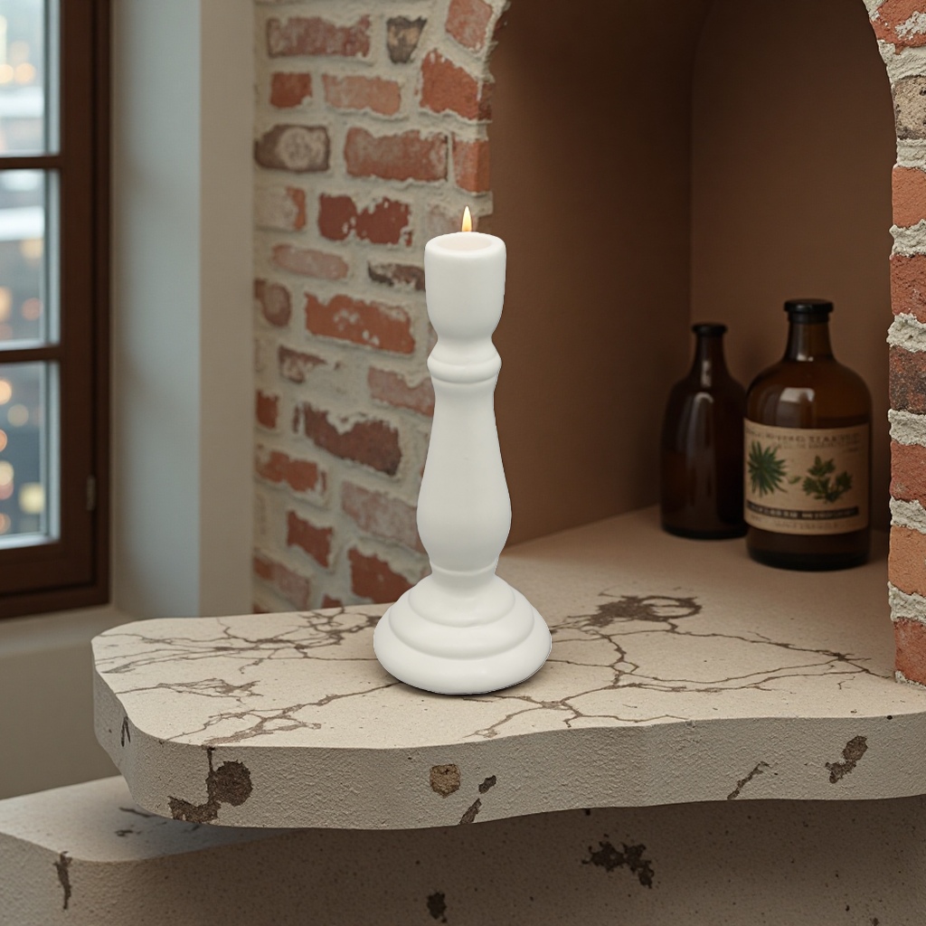 A simple and modern home decoration item with a white candlestick main body and a metallic texture details Picture