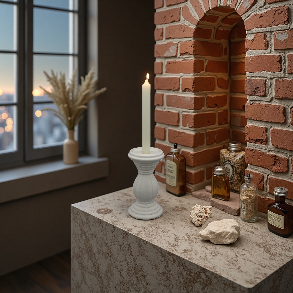 Ceramic candlestick, white candlestick with lit candles, home decoration set, candlelight dinner atmosphere details Picture