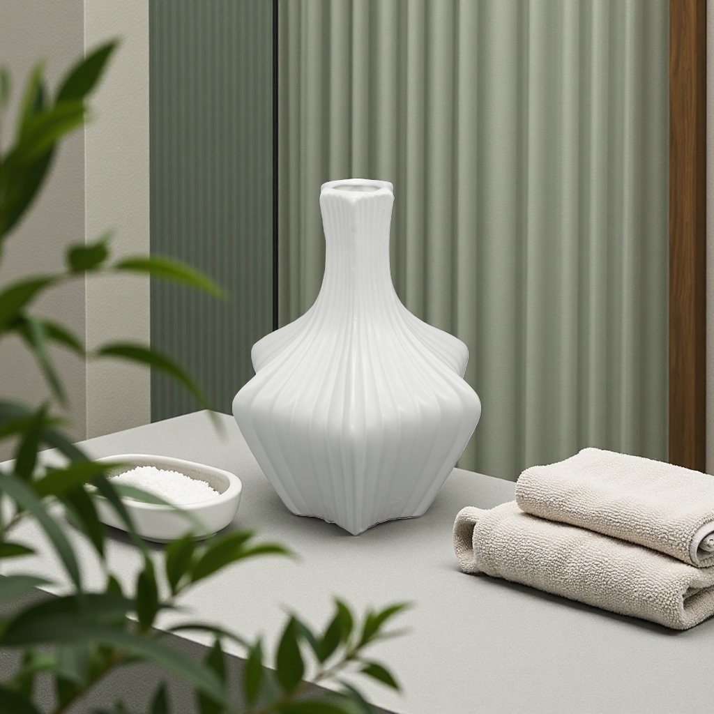 White ceramic vase with hand-glazed surface, a flower arrangement for the living room entrance hall, home decoration