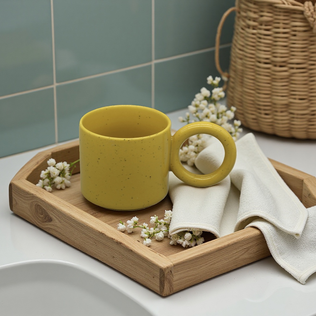 A household coffee cup with underglaze painting technique for the main body of a yellow-spotted ceramic cup