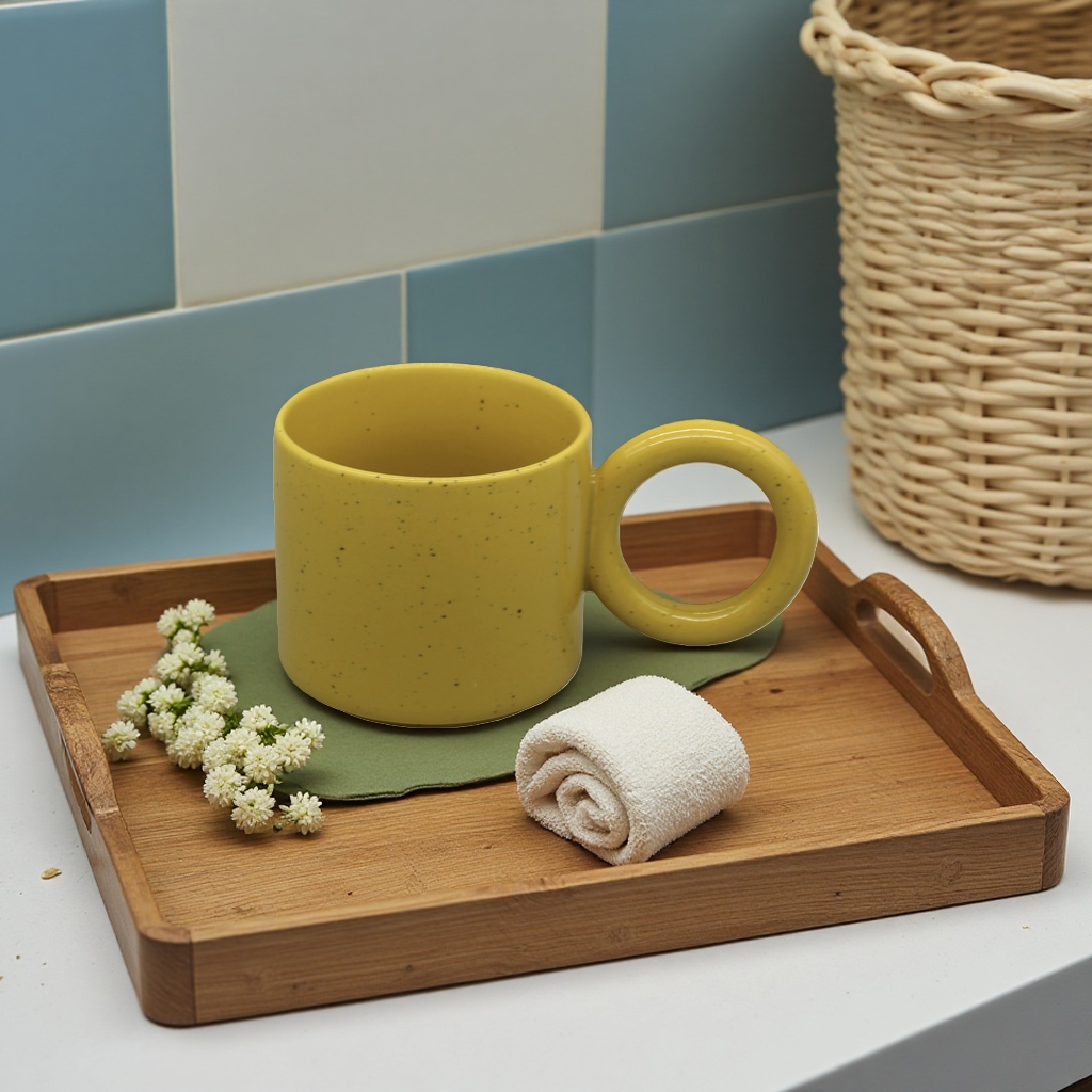 A household coffee cup with underglaze painting technique for the main body of a yellow-spotted ceramic cup details Picture