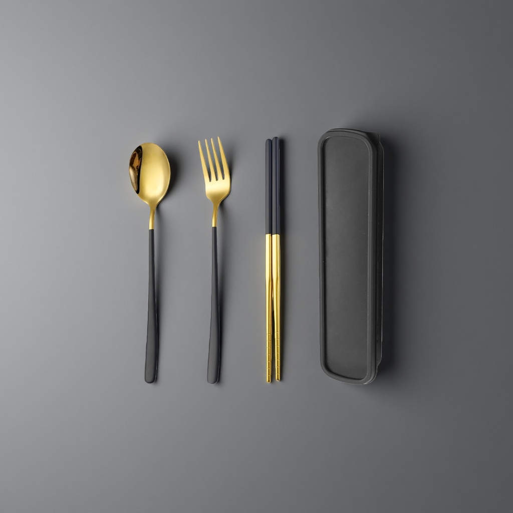 A 4-piece set of tableware, including spoons, forks, chopsticks and a storage box, for home use and portability Specification image