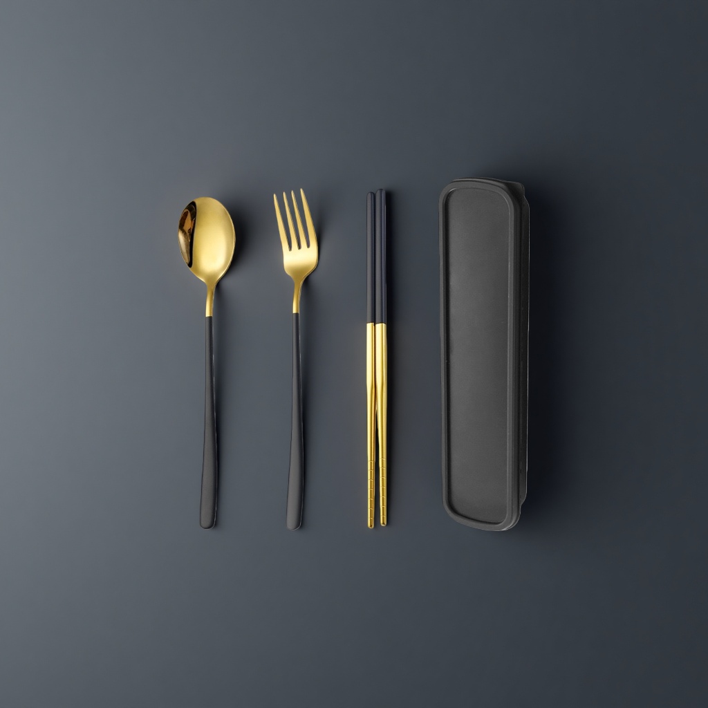 A 4-piece set of tableware, including spoons, forks, chopsticks and a storage box, for home use and portability details Picture