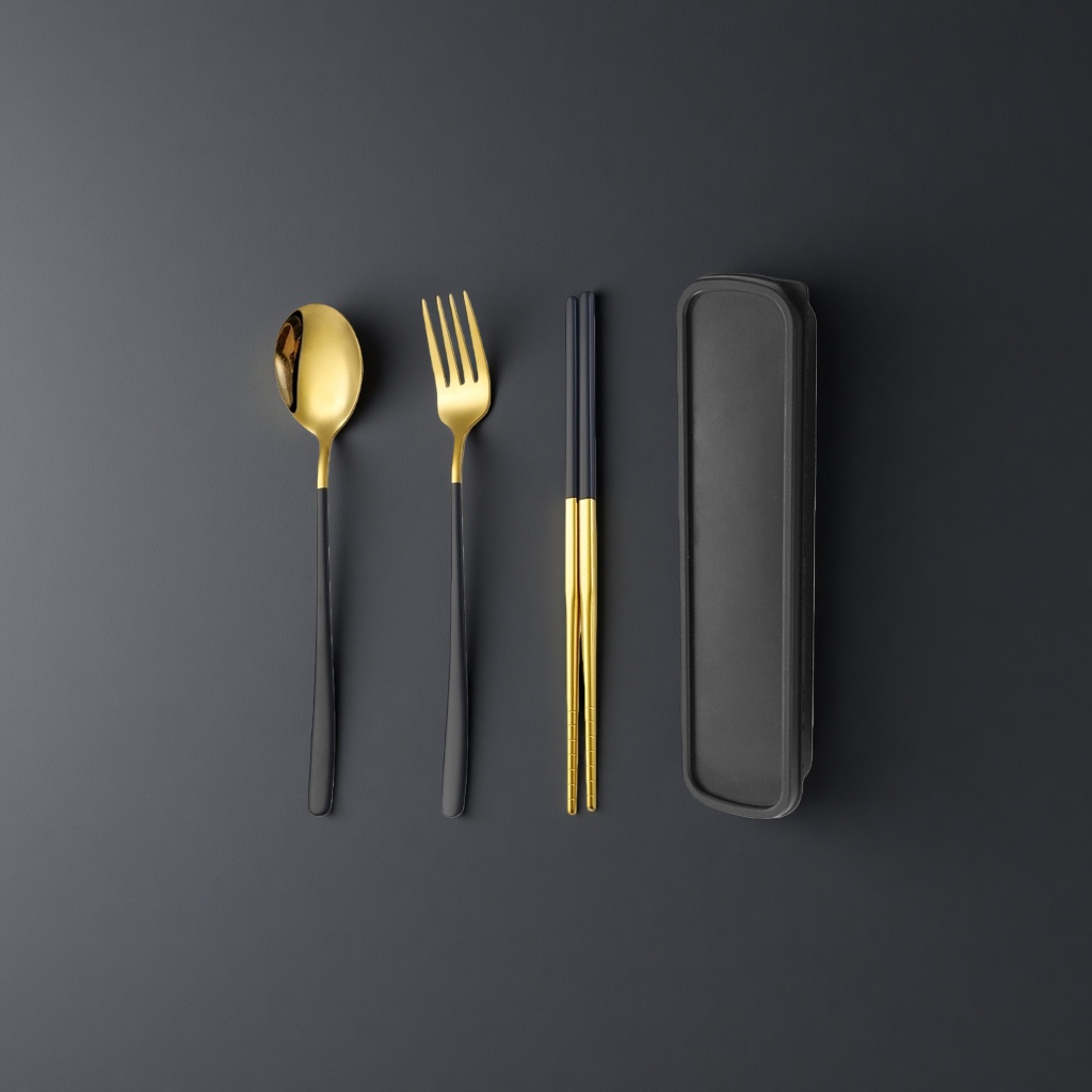 A 4-piece set of tableware, including spoons, forks, chopsticks and a storage box, for home use and portability