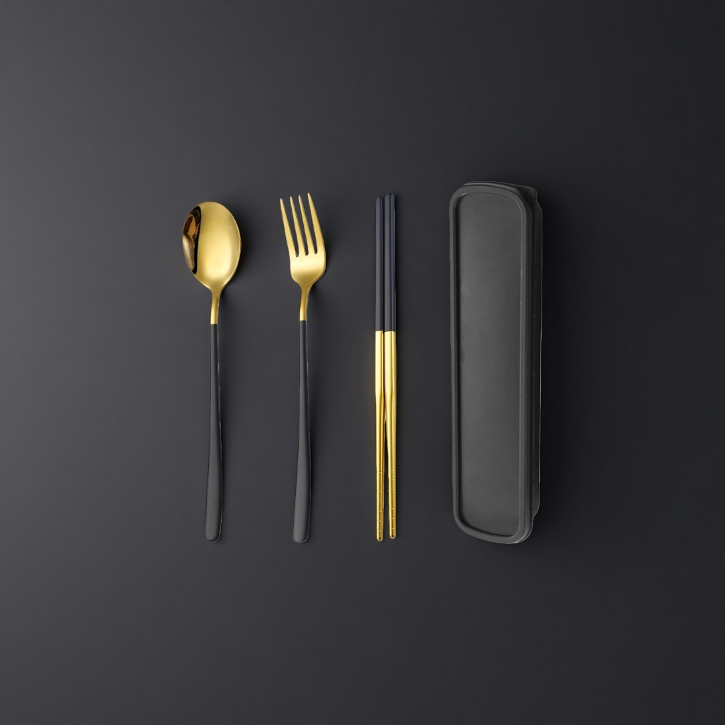 A 4-piece set of tableware, including spoons, forks, chopsticks and a storage box, for home use and portability Application Scenario