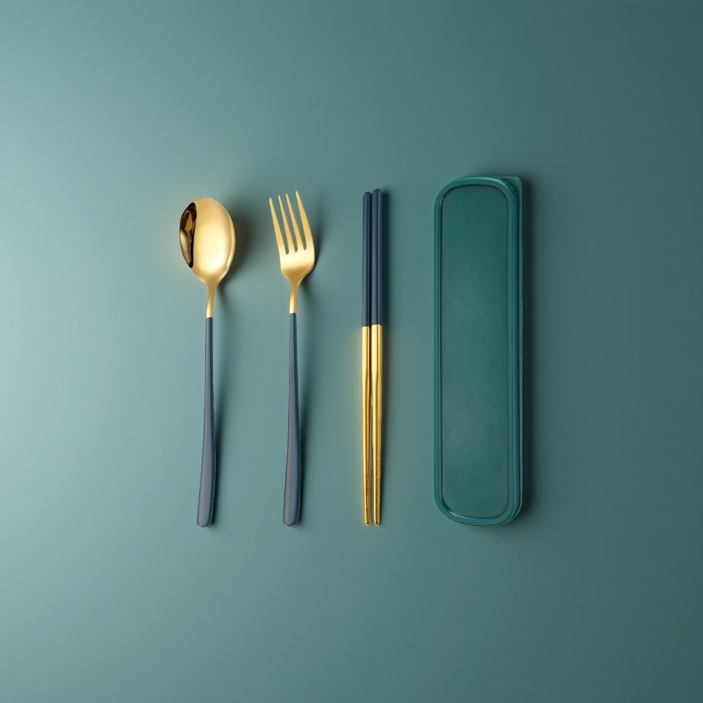 Stainless steel tableware set with spoons, forks, chopsticks and a portable storage box for travel Application Scenario