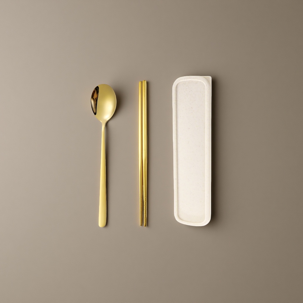 Cuchara de oro palillos de oro beige vajilla caja set hogar portátil almacenamiento details Picture