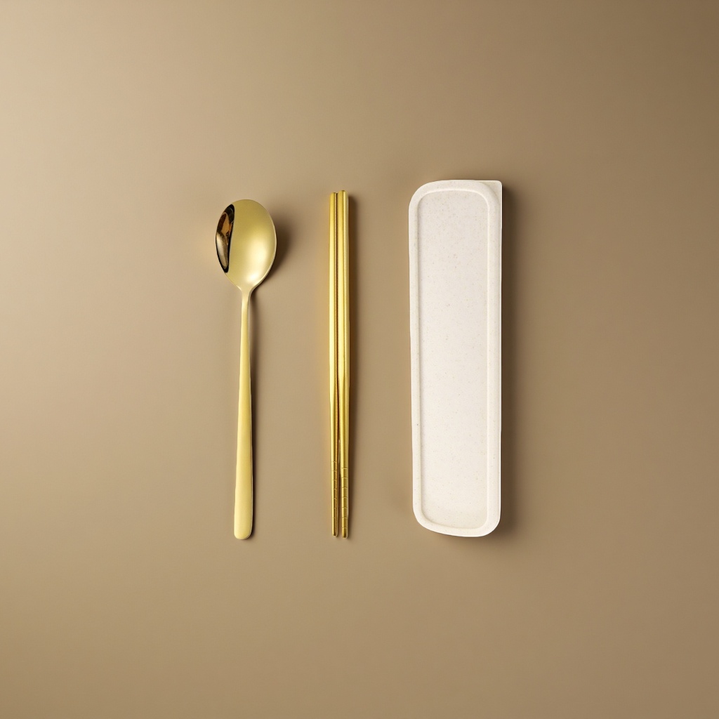 Cuchara de oro palillos de oro beige vajilla caja set hogar portátil almacenamiento Specification image