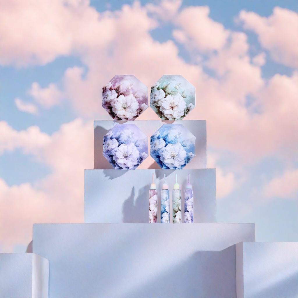 描述词：绚丽多彩的花卉图案  
主体：雨伞产品图