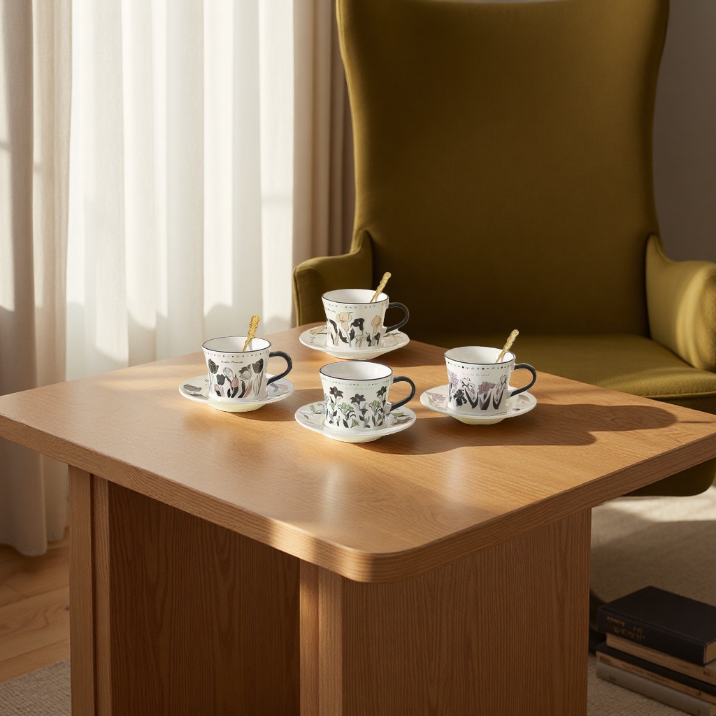 Light retro black-edged floral ceramic cup and saucer set, ceramic cup, water cup, coffee cup and saucer set details Picture