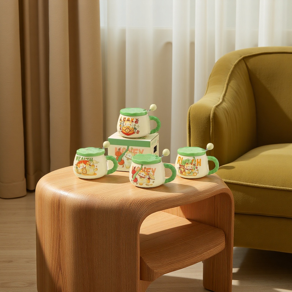 Cute and auspicious cat ceramic cup, 350ml home and office gift water cup, ceramic cup with spoon Application Scenario