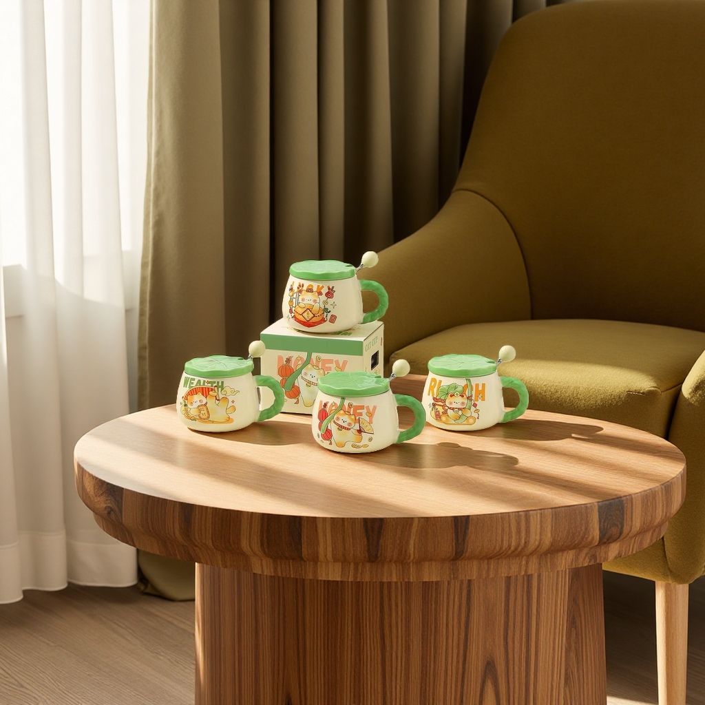 Cute and auspicious cat ceramic cup, 350ml home and office gift water cup, ceramic cup with spoon