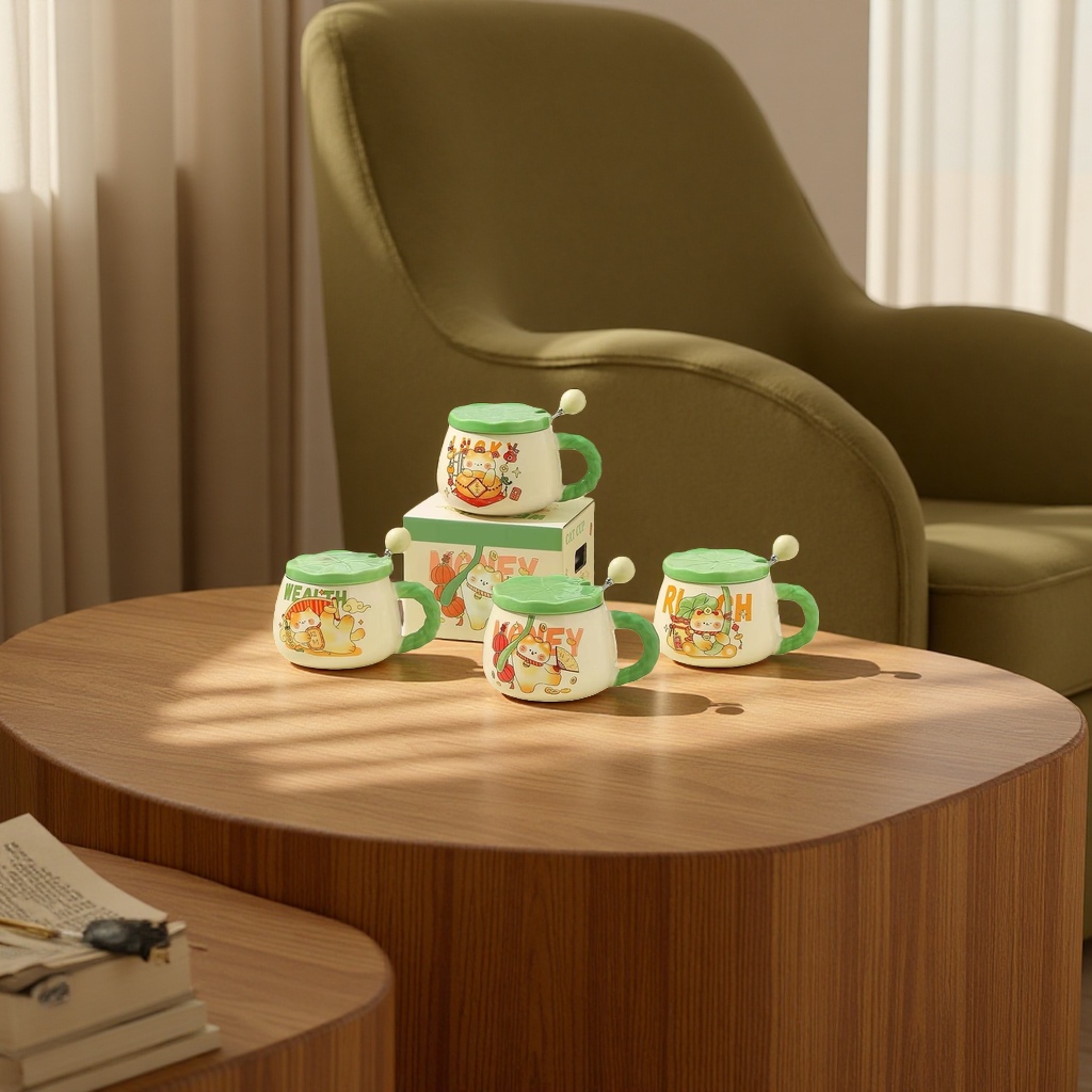 Cute and auspicious cat ceramic cup, 350ml home and office gift water cup, ceramic cup with spoon details Picture