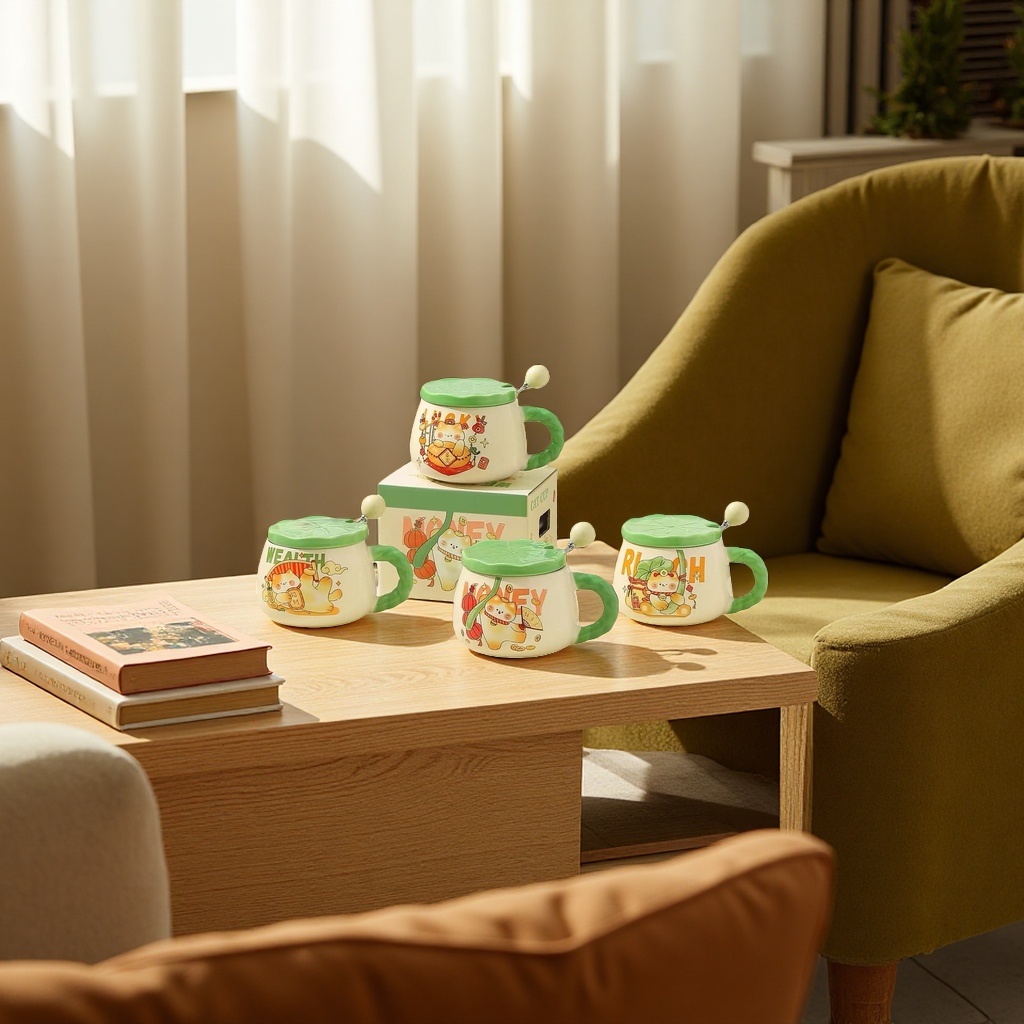 Cute and auspicious cat ceramic cup, 350ml home and office gift water cup, ceramic cup with spoon Specification image