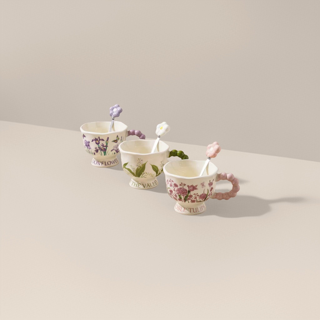 Tazas de cerámica con patrón floral tres piezas conjunto de cuchara con mango de flor details Picture