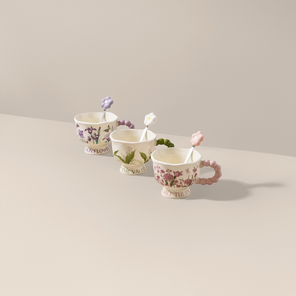 Tazas de cerámica con patrón floral tres piezas conjunto de cuchara con mango de flor Application Scenario