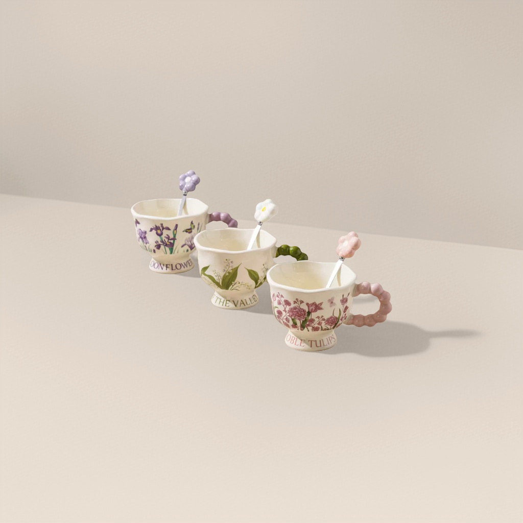 Tazas de cerámica con patrón floral tres piezas conjunto de cuchara con mango de flor Specification image