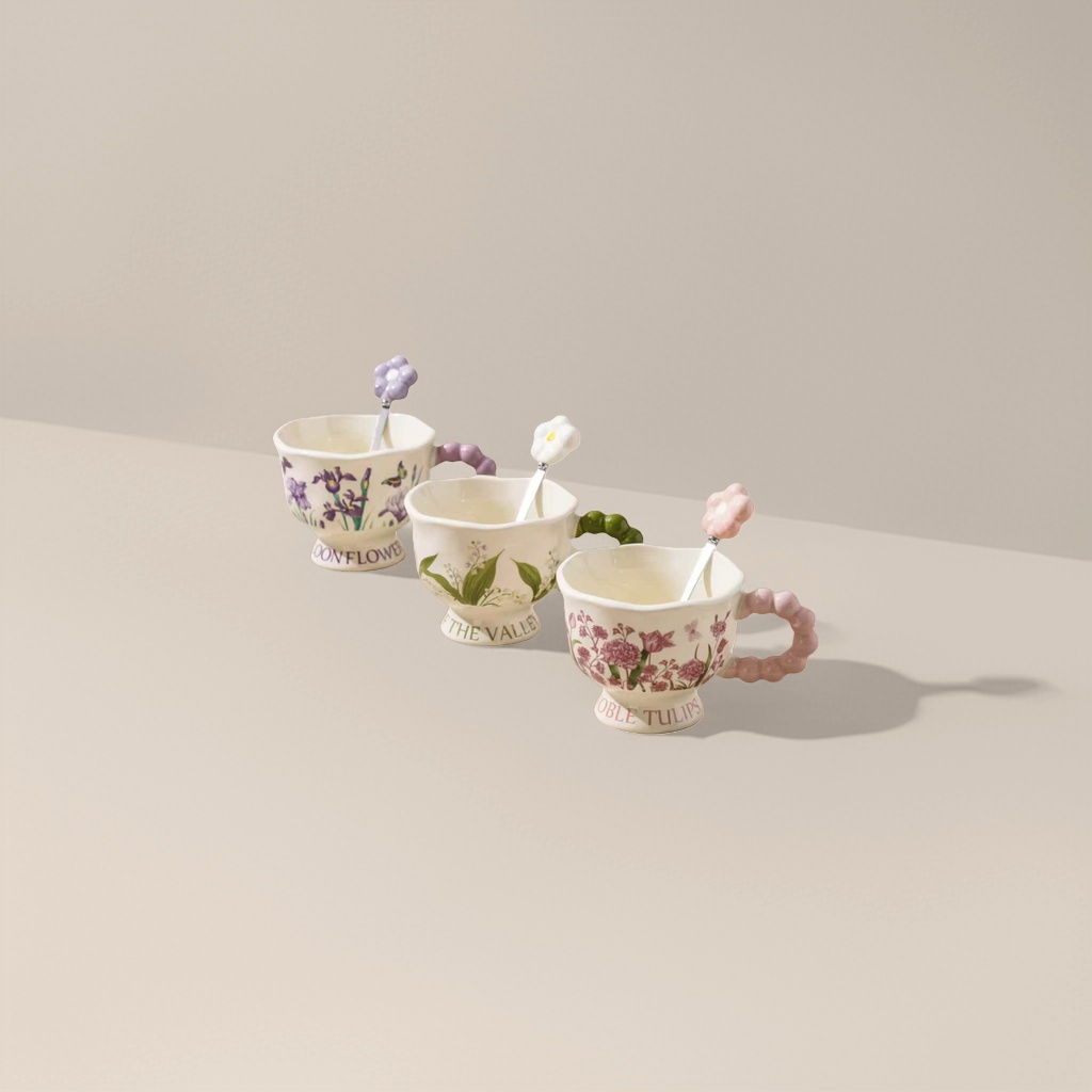 Tazas de cerámica con patrón floral tres piezas conjunto de cuchara con mango de flor