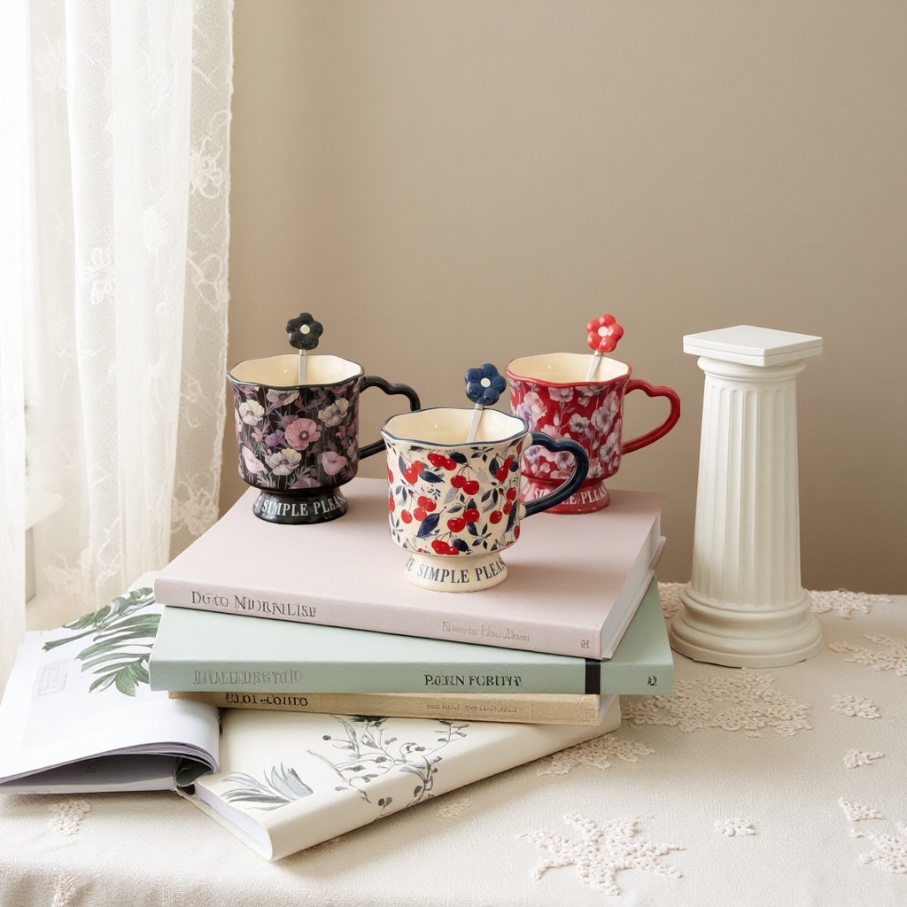 Three flower cherry ceramic cups in black, white and red, with flower-shaped stirring spoons Specification image