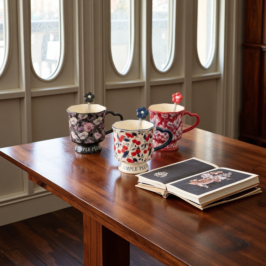 Three flower cherry ceramic cups in black, white and red, with flower-shaped stirring spoons
