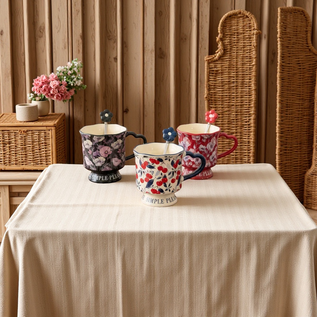 Three flower cherry ceramic cups in black, white and red, with flower-shaped stirring spoons details Picture