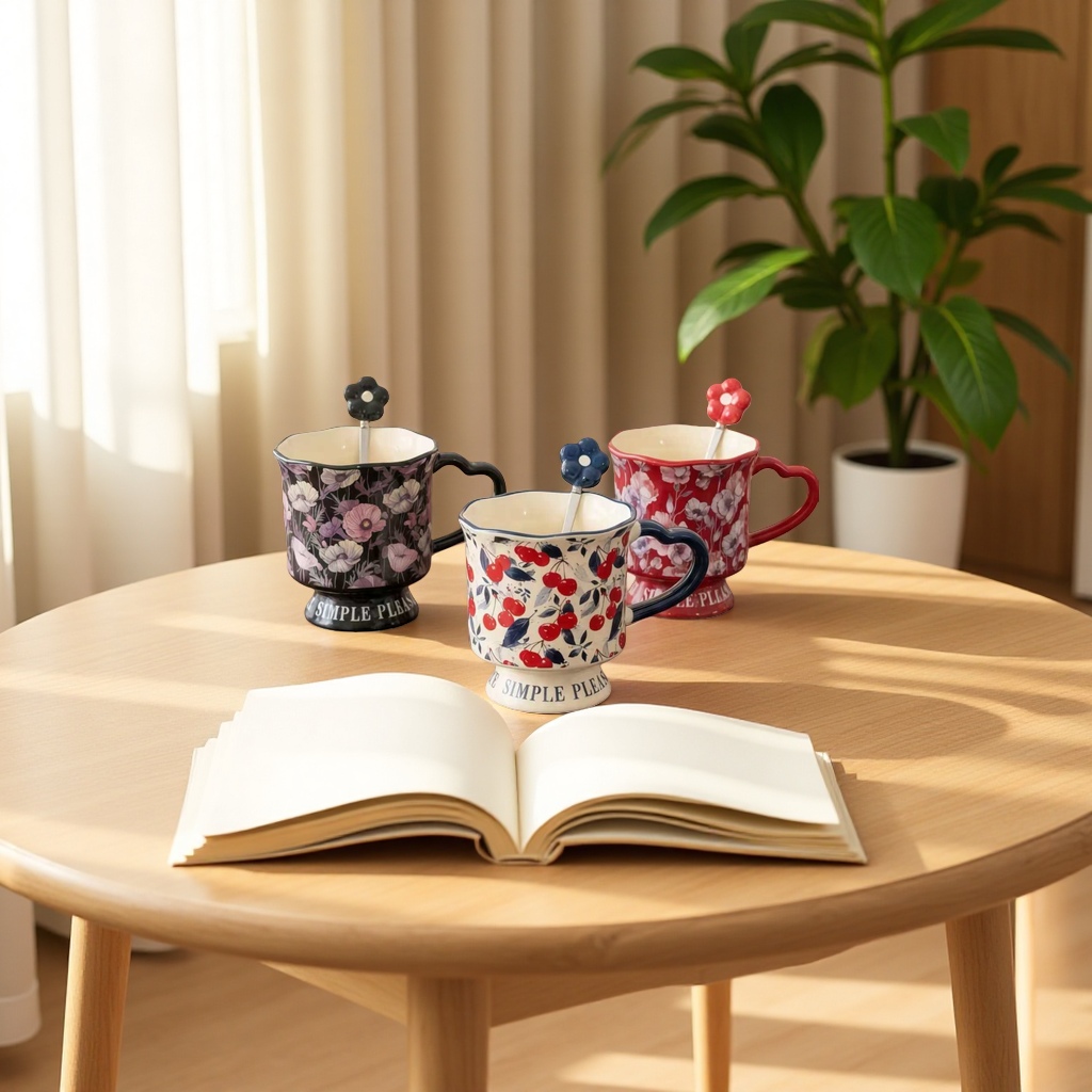 Three flower cherry ceramic cups in black, white and red, with flower-shaped stirring spoons Application Scenario