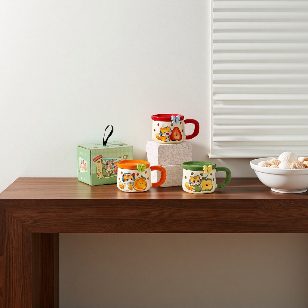 Cute little fruit cat ceramic cup, high borosilicate heat-resistant tea cup, coffee cup, water cup Application Scenario