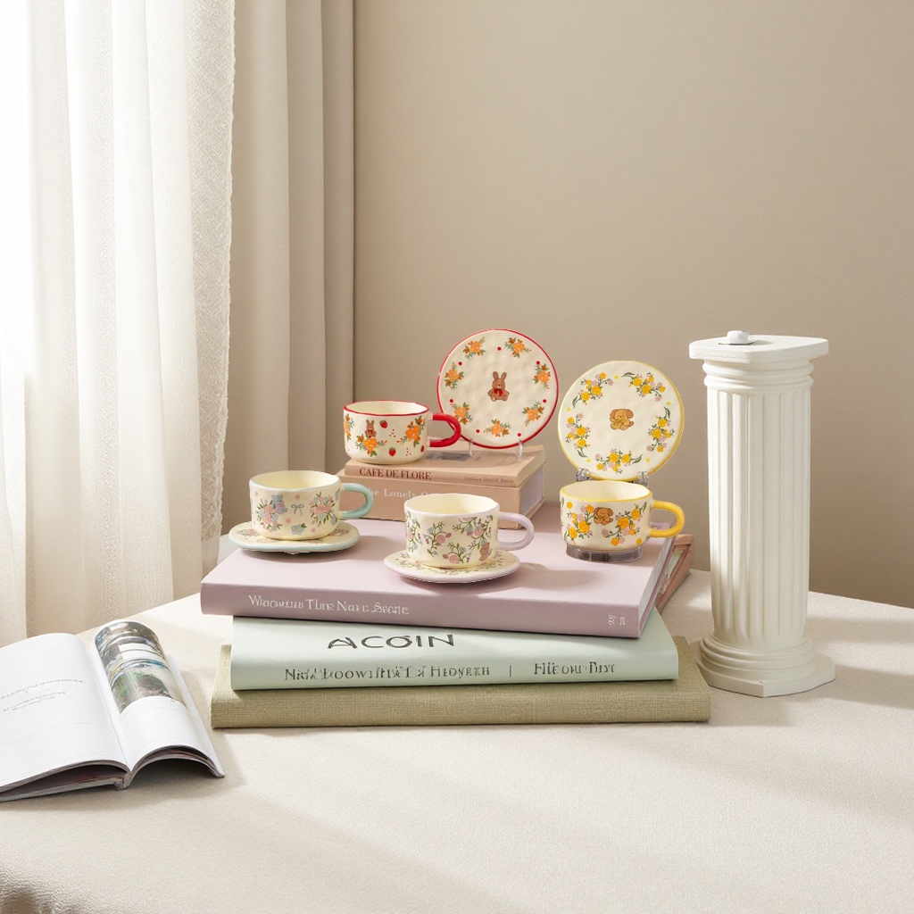 Cute cartoon-patterned ceramic cup and plate set, coffee cups, water cups and cups Specification image