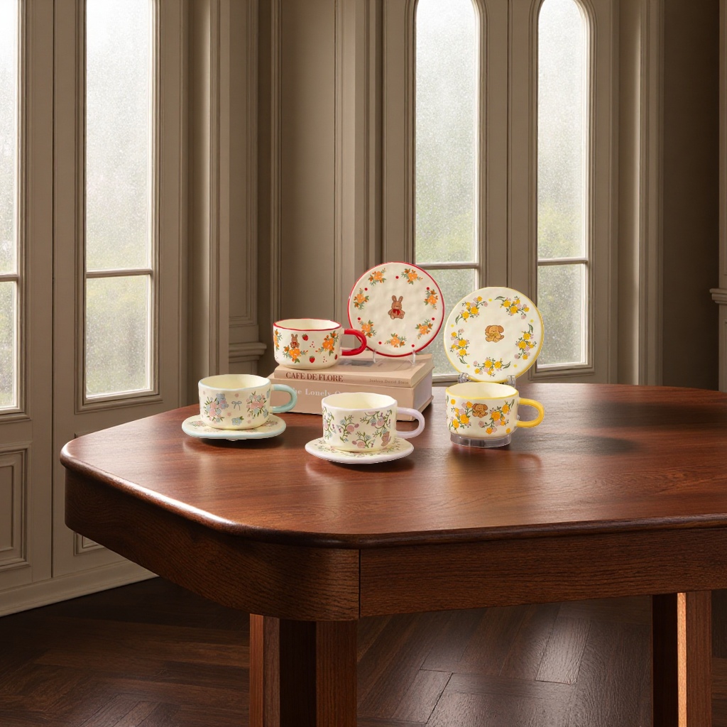 Cute cartoon-patterned ceramic cup and plate set, coffee cups, water cups and cups