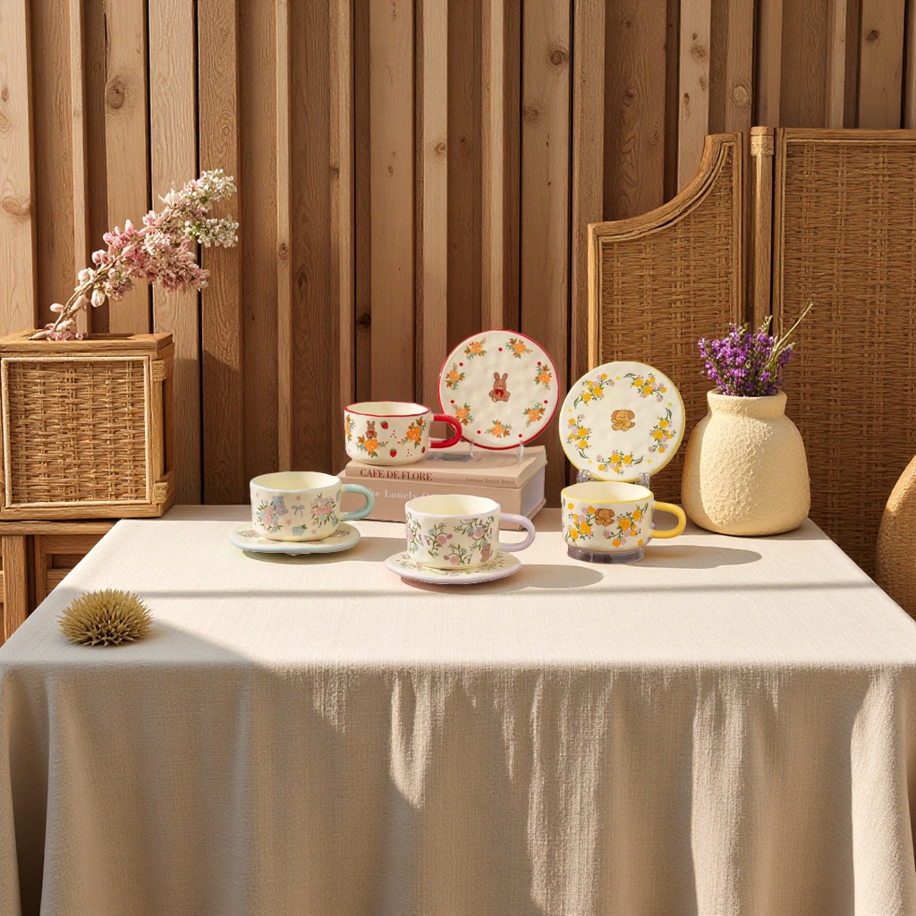 Cute cartoon-patterned ceramic cup and plate set, coffee cups, water cups and cups details Picture