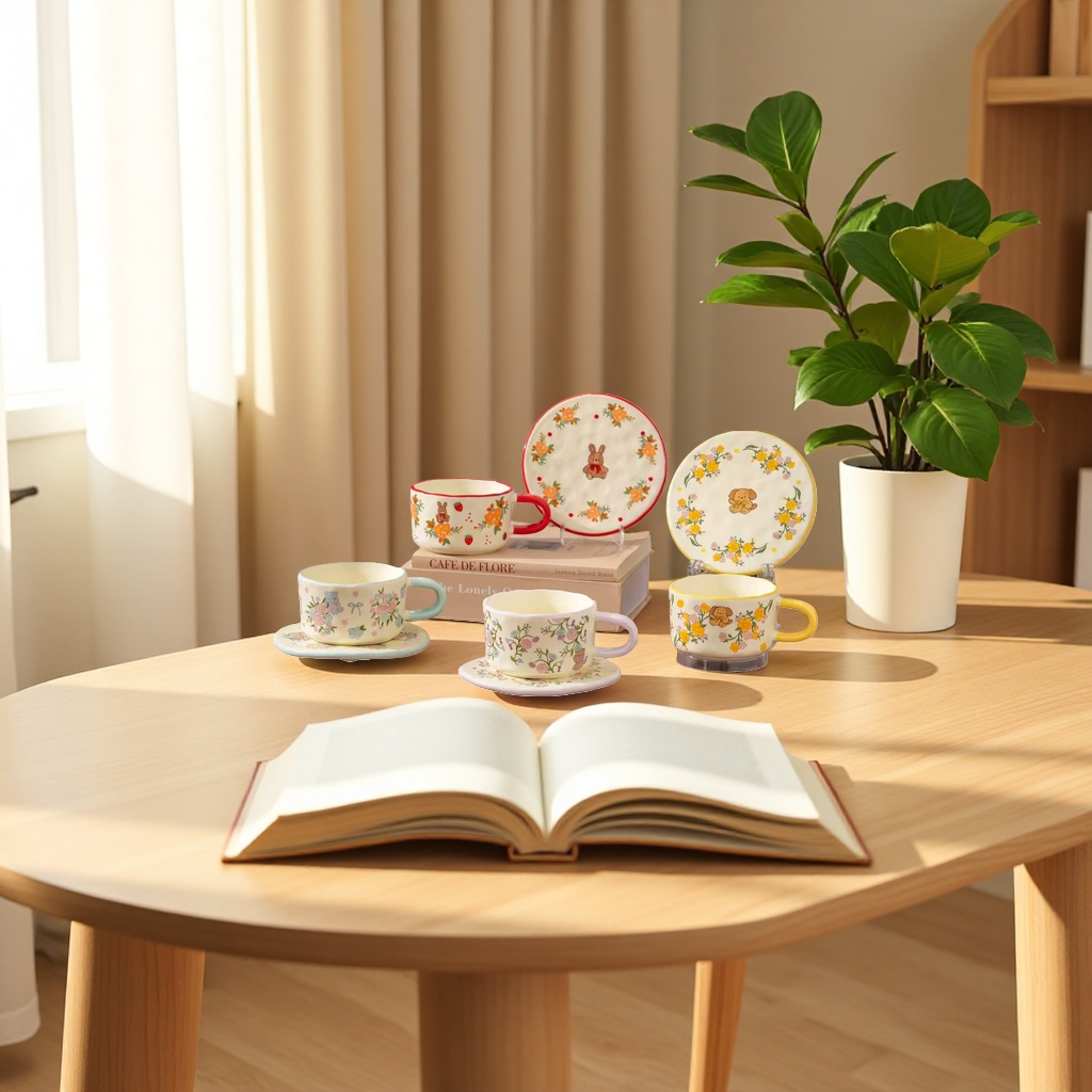 Cute cartoon-patterned ceramic cup and plate set, coffee cups, water cups and cups Application Scenario