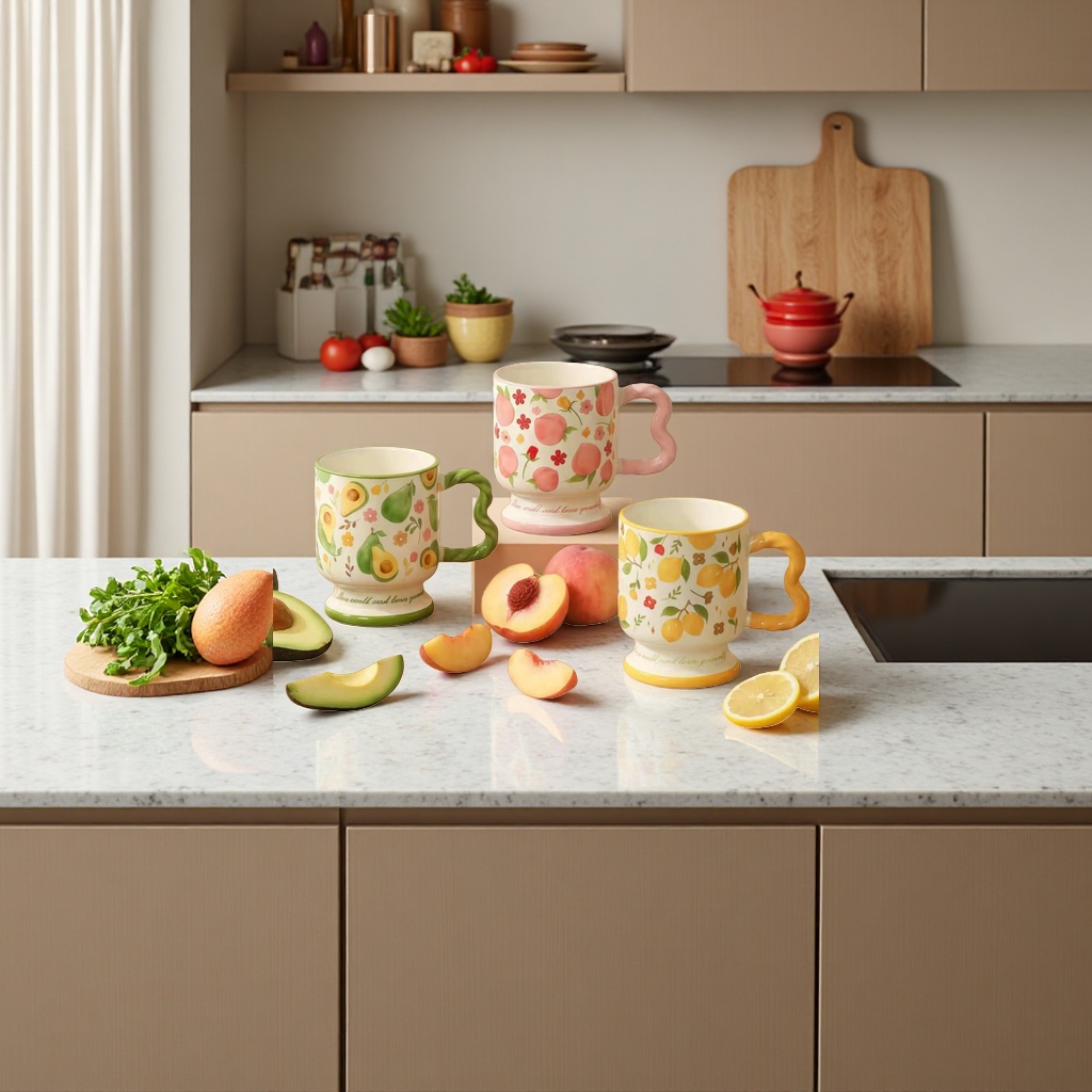 Fruit pattern ceramic cup set, three avocado, peach and lemon cups, wooden tabletop style Application Scenario