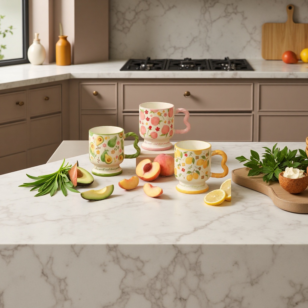 Fruit pattern ceramic cup set, three avocado, peach and lemon cups, wooden tabletop style Specification image