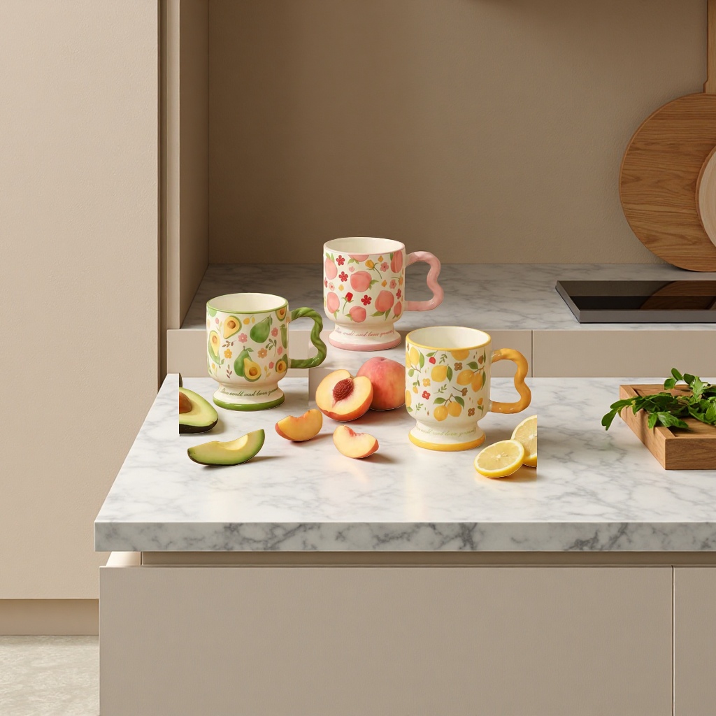 Fruit pattern ceramic cup set, three avocado, peach and lemon cups, wooden tabletop style