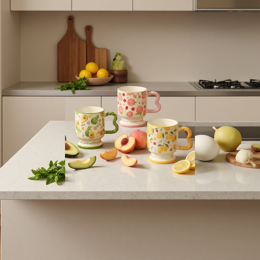 Fruit pattern ceramic cup set, three avocado, peach and lemon cups, wooden tabletop style details Picture