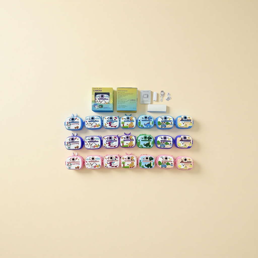 A variety of children's digital cameras with cartoon designs come with packaging boxes, instructions and accessories Application Scenario