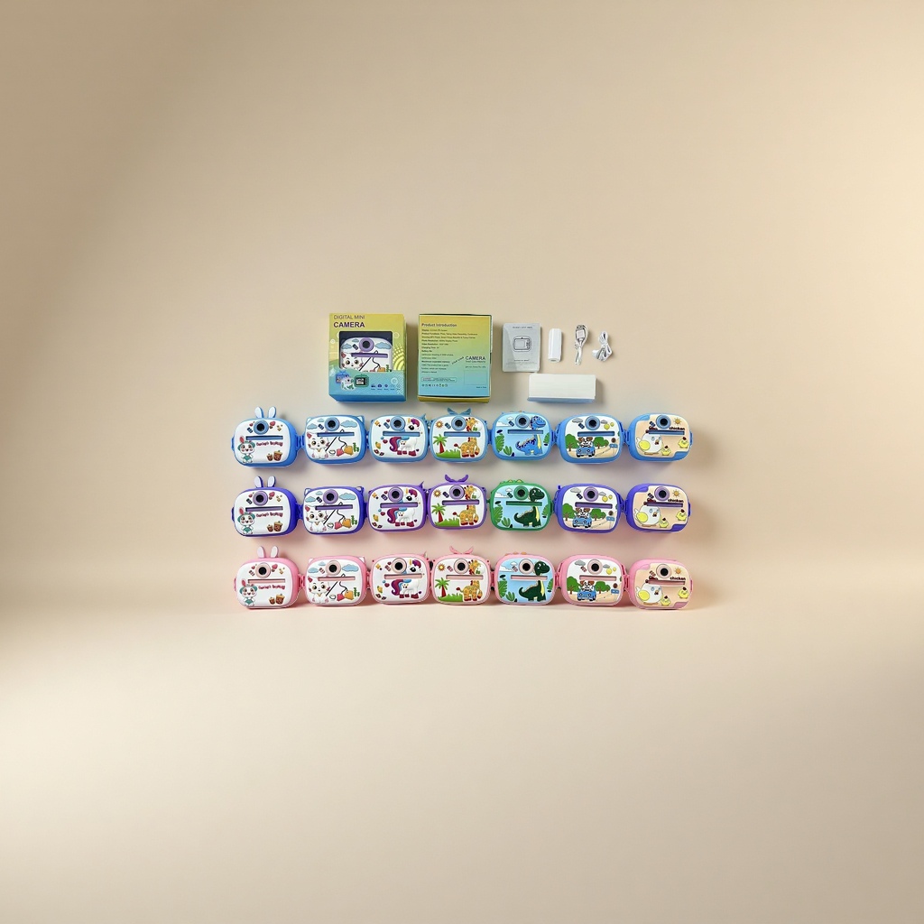 A variety of children's digital cameras with cartoon designs come with packaging boxes, instructions and accessories Specification image