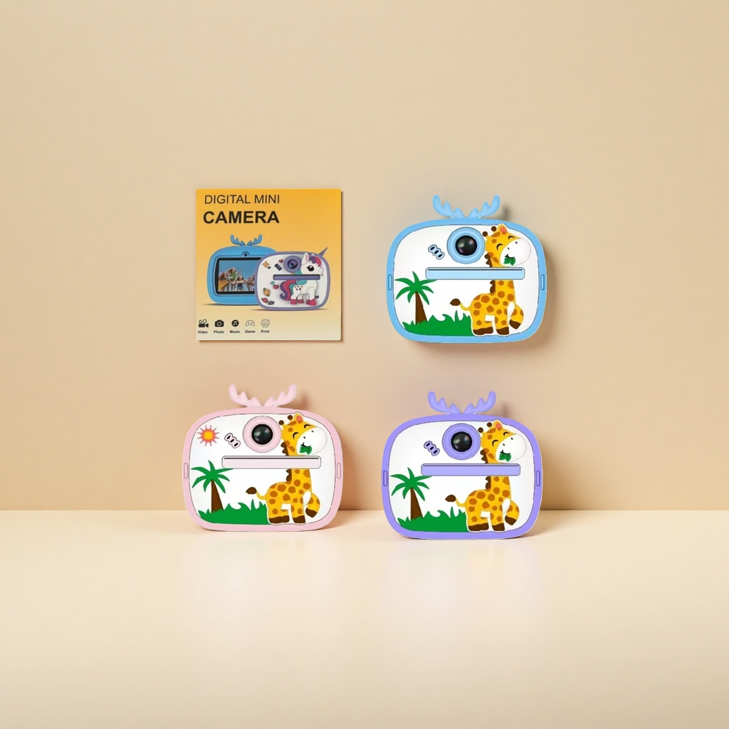 A digital mini camera in a color packaging box with a blue, pink and purple giraffe mini camera Application Scenario