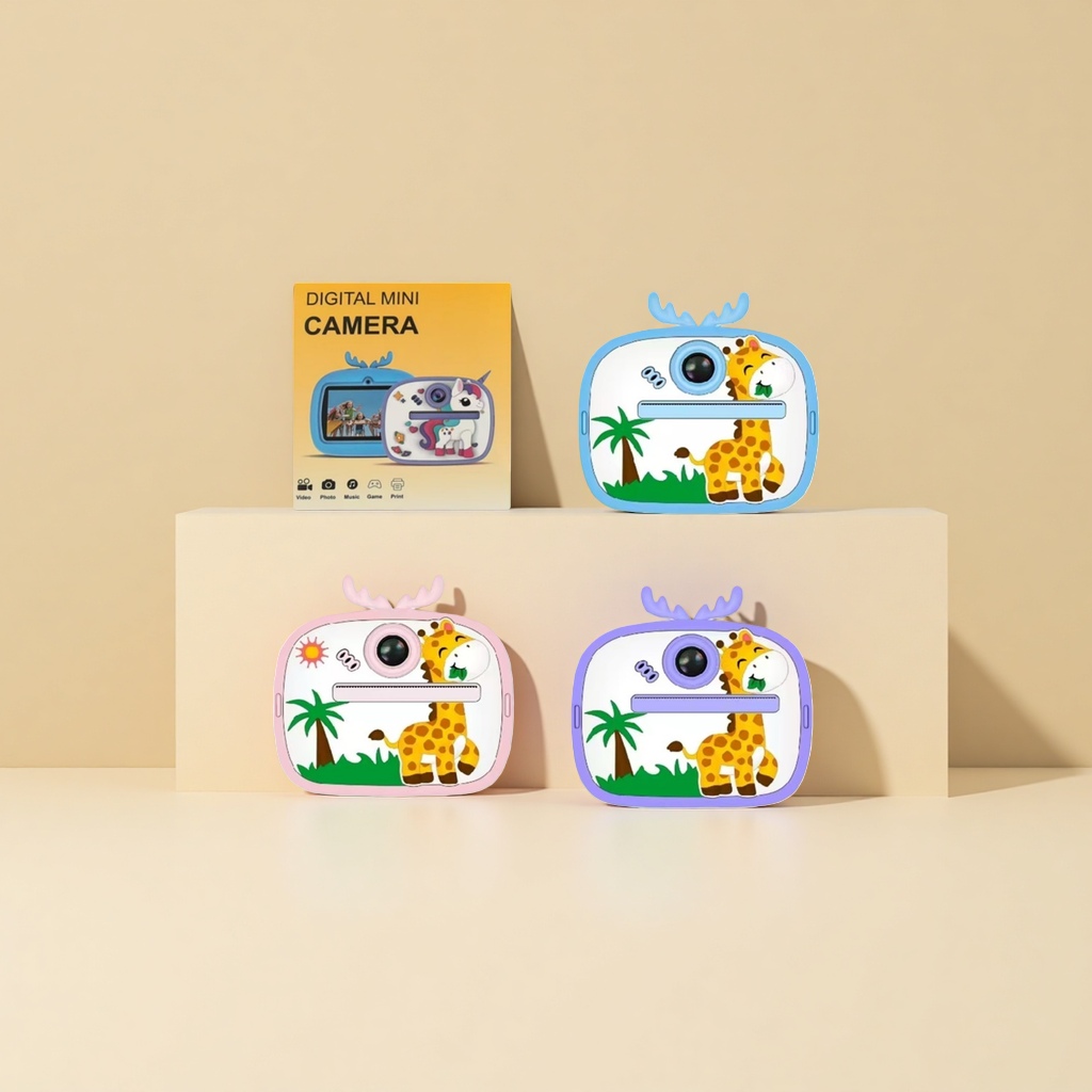 A digital mini camera in a color packaging box with a blue, pink and purple giraffe mini camera Specification image