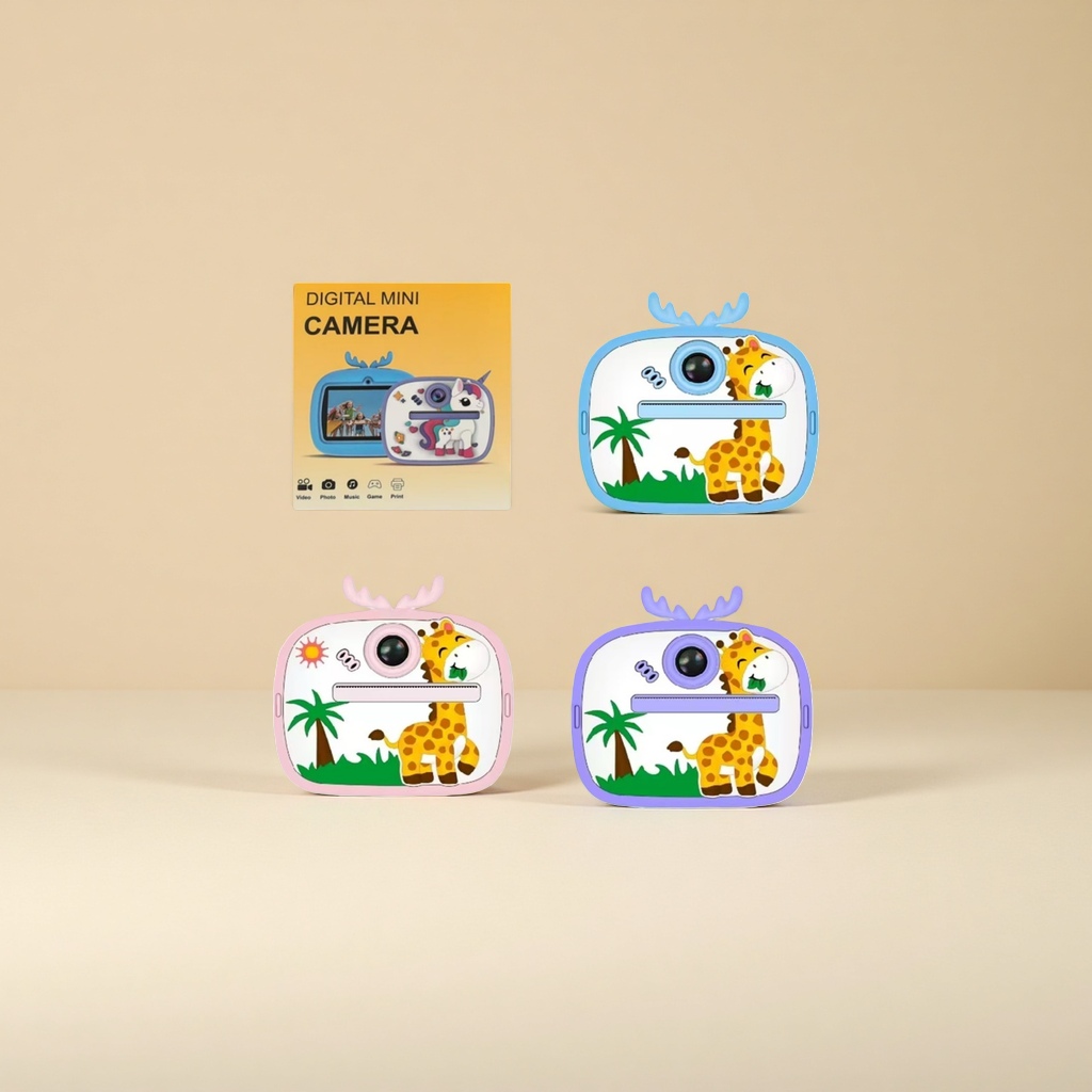 A digital mini camera in a color packaging box with a blue, pink and purple giraffe mini camera details Picture