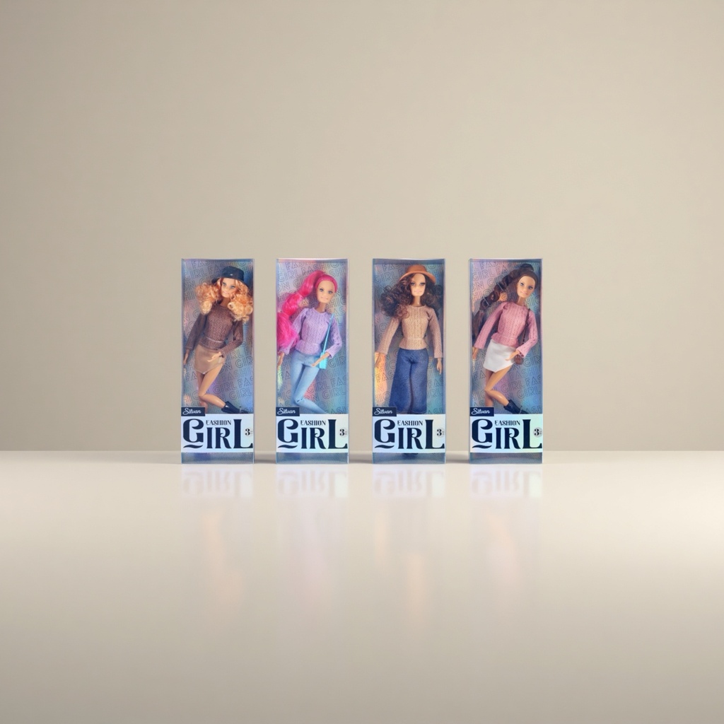 The main body of the fashionable doll: Four fashionable girl dolls in packaging boxes, each dressed in different styles of clothing, including sweaters, skirts, trousers and hats, with a background of belts Application Scenario