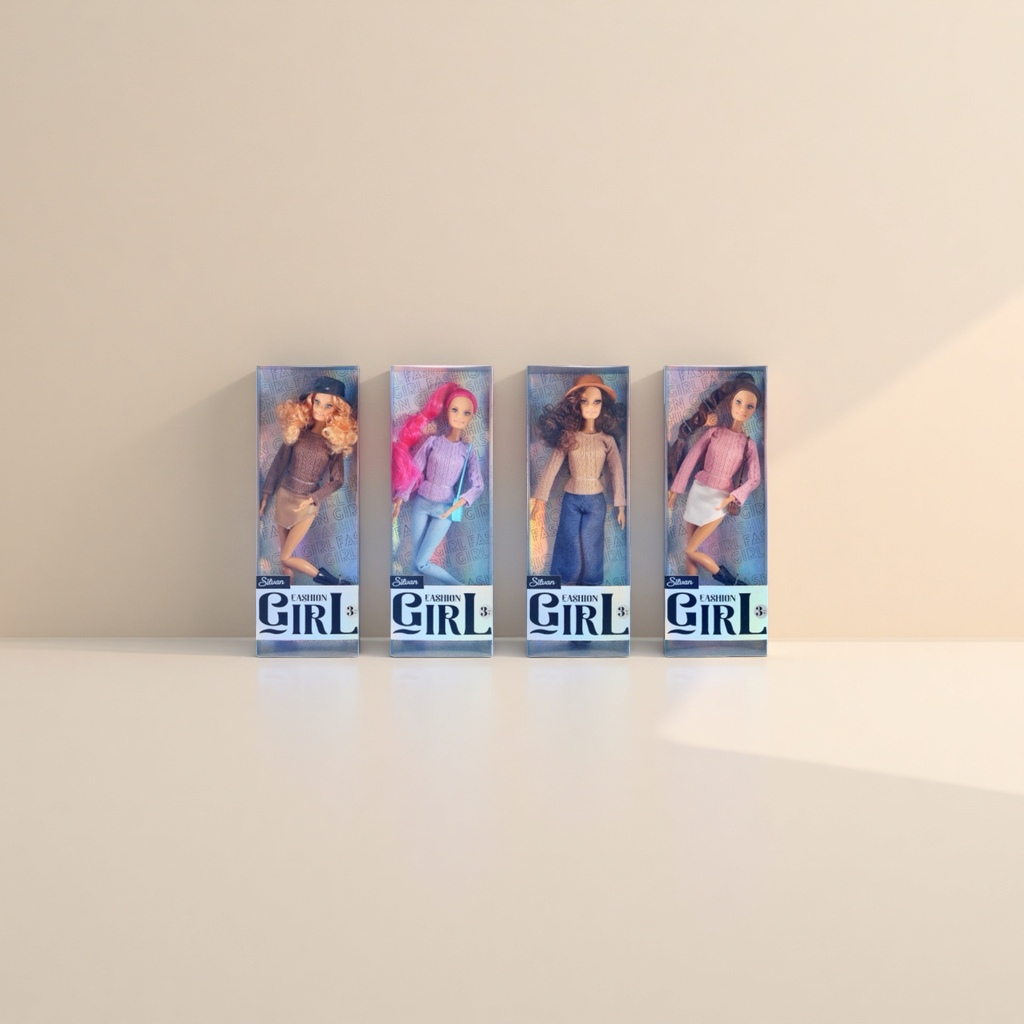 The main body of the fashionable doll: Four fashionable girl dolls in packaging boxes, each dressed in different styles of clothing, including sweaters, skirts, trousers and hats, with a background of belts details Picture